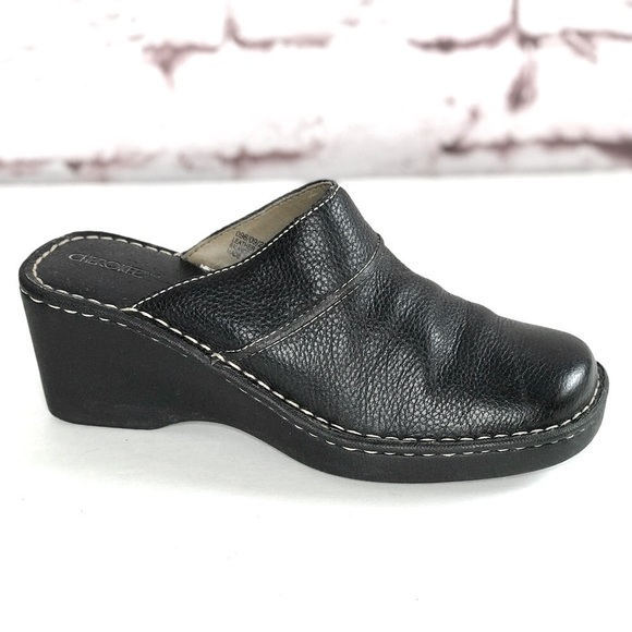 CHEROKEE Genuine Leather Size 9.5 Black Chunky Wedge Block Heel Clog Mules - Picture 15 of 15
